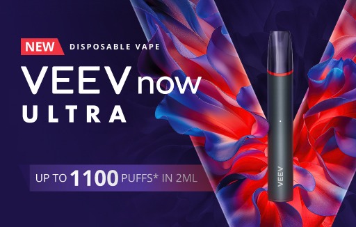 VEEV NOW ULTRA Strawberry vape rasa sekali pakai dengan latar belakang logo V berwarna merah dan label "hingga 1200 hisapan"