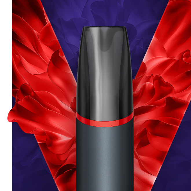VEEV NOW ULTRA vape sekali pakai di latar belakang logo V berwarna merah